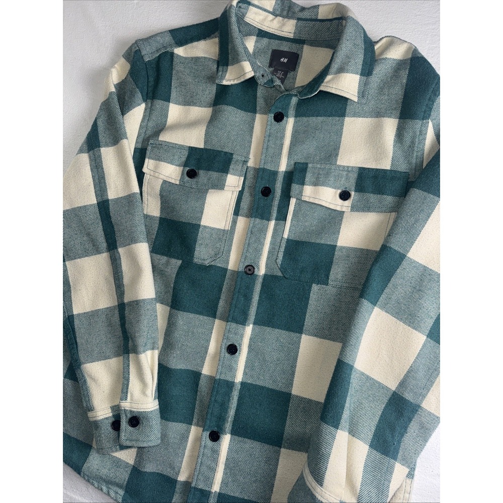 H&M Flannel Shirt Men Green Cream Plaid Long Sleeve Size Medium